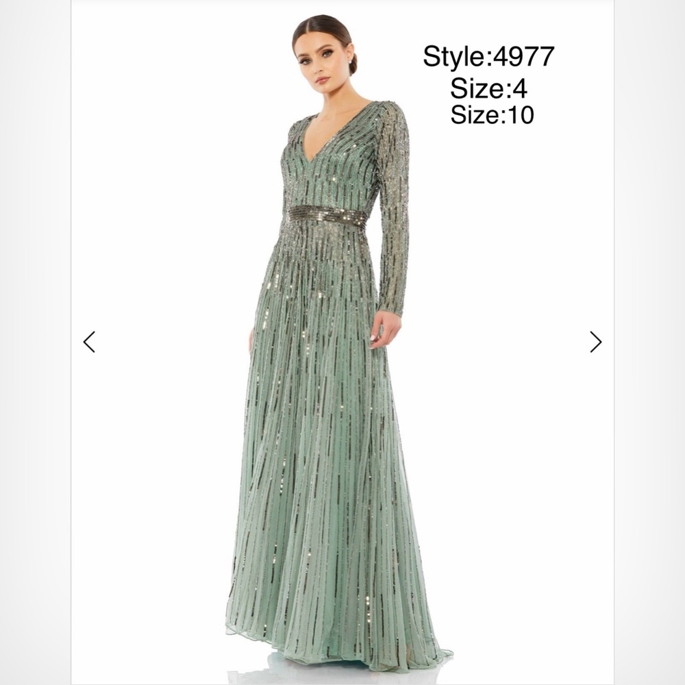 Sequined V neckline, illusion sleeve A line gown
